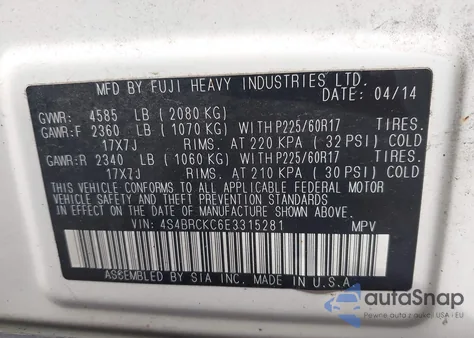 2014 Subaru Outback 2.5I Limited z USA, uszkodzony, nr VIN 4S4BRCKC6E3315281